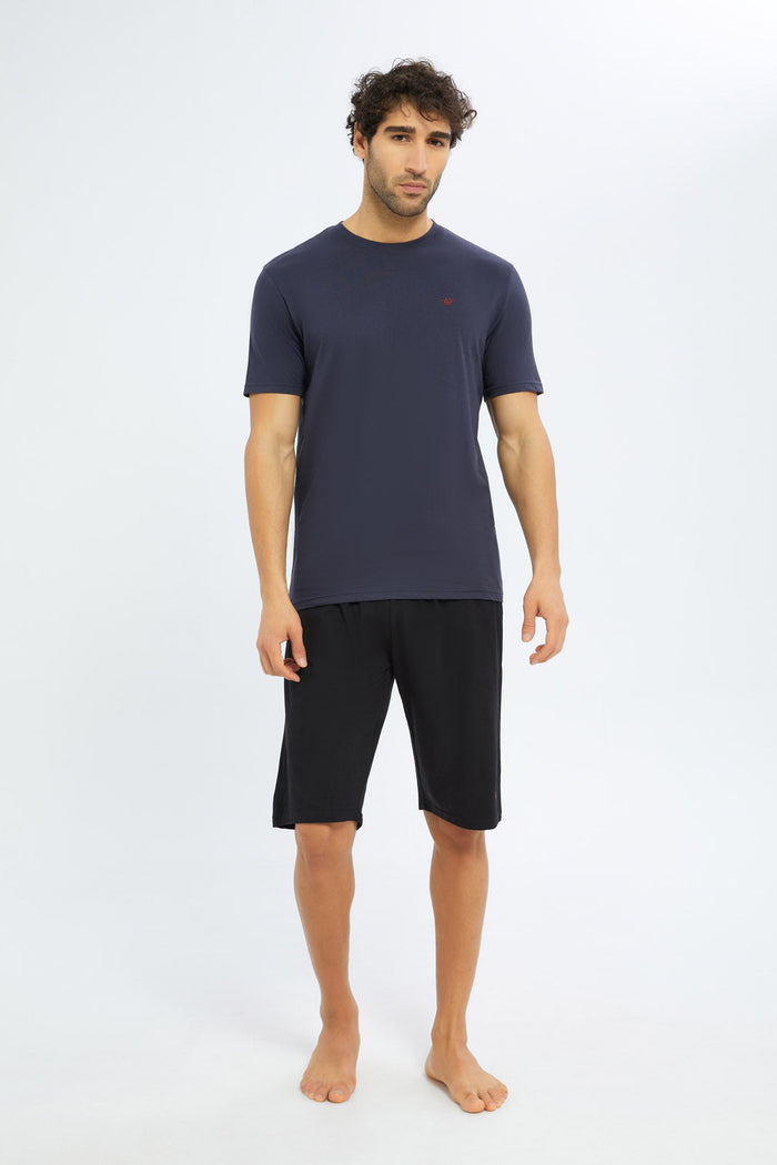 Redtag-Men-Slate-Grey/Black-Shorts-Pyjama-Set-Category:Pyjama-Sets,-Colour:Charcoal,-Deals:New-In,-Filter:Men's-Clothing,-H1:MWR,-H2:GEN,-H3:NWR,-H4:PJS,-Men-Pyjama-Sets,-New-In-Men-APL,-Non-Sale,-S23D,-Season:S23D,-Section:Men-Men's-