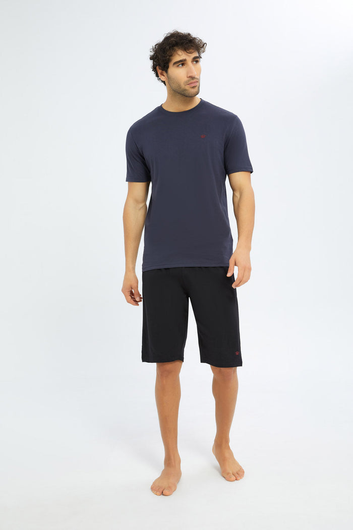 Redtag-Men-Slate-Grey/Black-Shorts-Pyjama-Set-Category:Pyjama-Sets,-Colour:Charcoal,-Deals:New-In,-Filter:Men's-Clothing,-H1:MWR,-H2:GEN,-H3:NWR,-H4:PJS,-Men-Pyjama-Sets,-New-In-Men-APL,-Non-Sale,-S23D,-Season:S23D,-Section:Men-Men's-