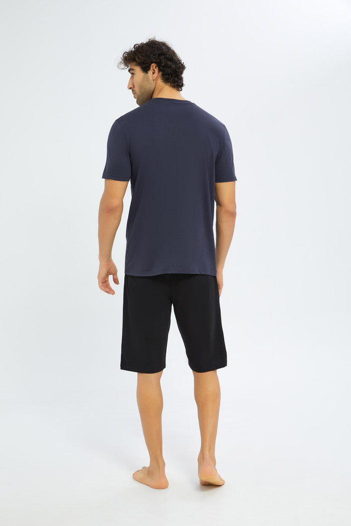 Redtag-Men-Slate-Grey/Black-Shorts-Pyjama-Set-Category:Pyjama-Sets,-Colour:Charcoal,-Deals:New-In,-Filter:Men's-Clothing,-H1:MWR,-H2:GEN,-H3:NWR,-H4:PJS,-Men-Pyjama-Sets,-New-In-Men-APL,-Non-Sale,-S23D,-Season:S23D,-Section:Men-Men's-